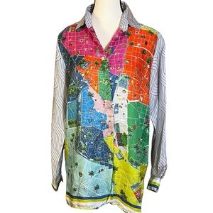 Vilagallo 100% Silk Map Print Blouse Top Button Up Madrid Women’s Size 44 XL